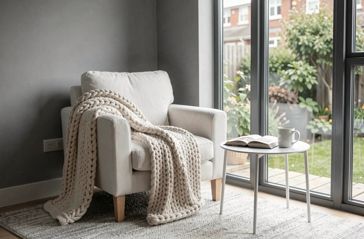 Coin lecture cosy dans un salon gris et blanc avec fauteuil blanc, plaid tricoté et fenêtre laissant entrer la lumière naturelle