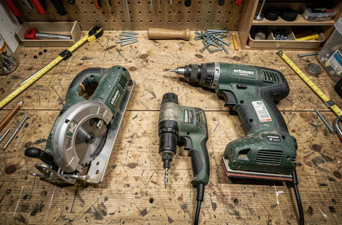 Collection d'outils électroportatifs Erbauer posés sur un établi d'atelier professionnel