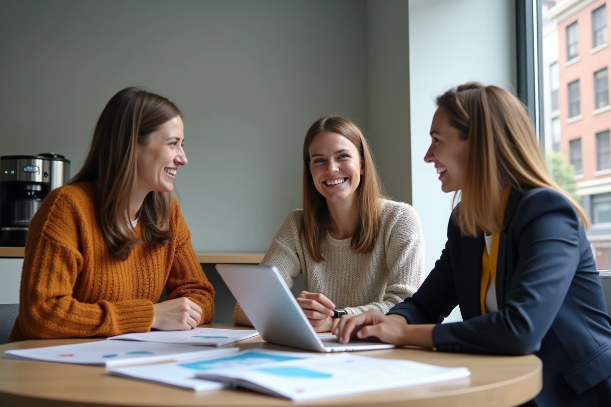 Collègues d'entreprise discutant des offres et économies proposées par leur CSE en salle de pause