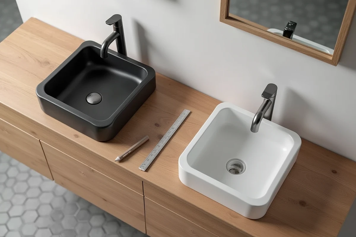 Comparaison de dimensions entre deux lavabos de tailles différentes posés sur un meuble vasque en chêne pour aider au choix en salle de bain