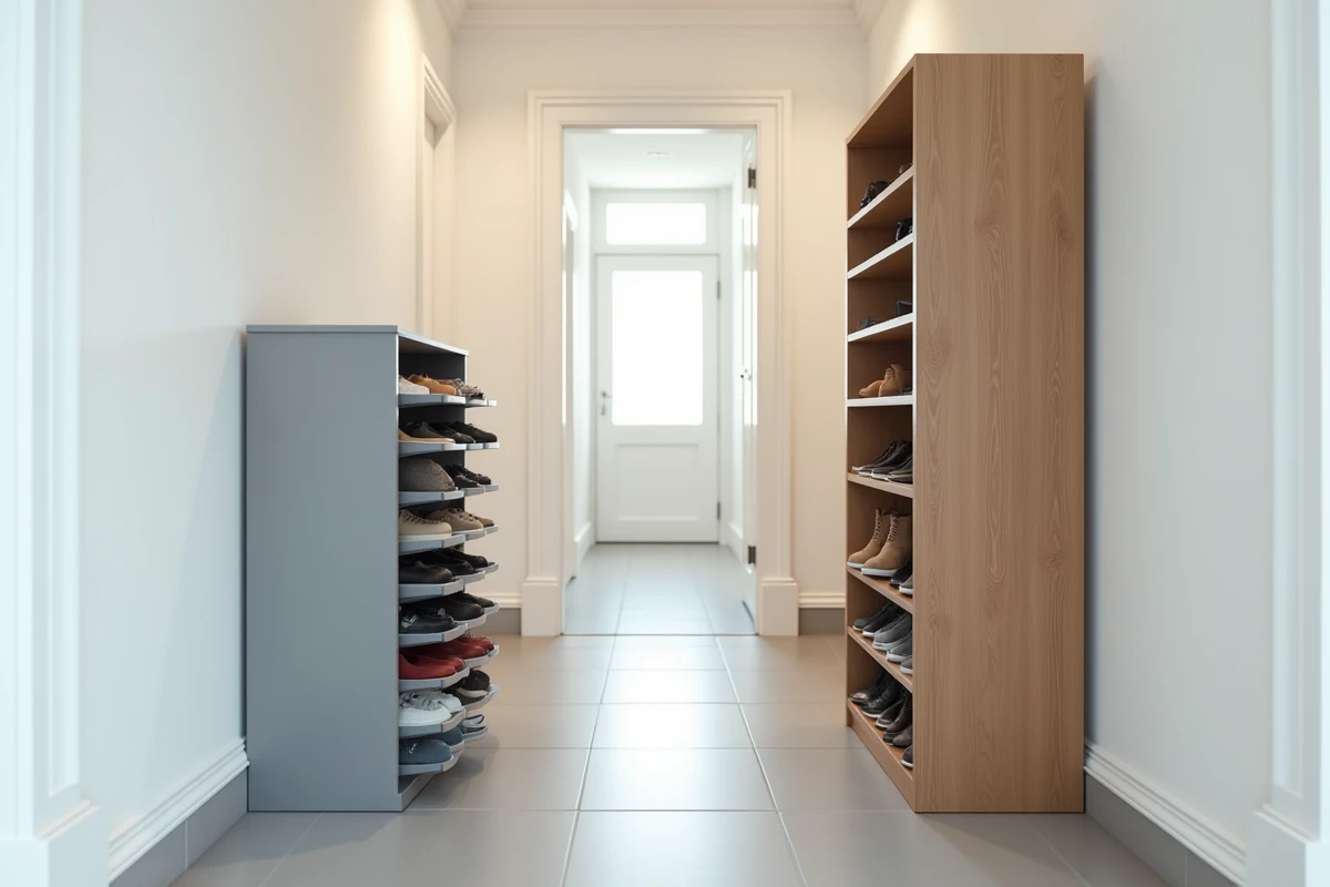 Comparaison côte à côte entre un meuble Nano rotatif et une armoire à chaussures classique dans un couloir résidentiel