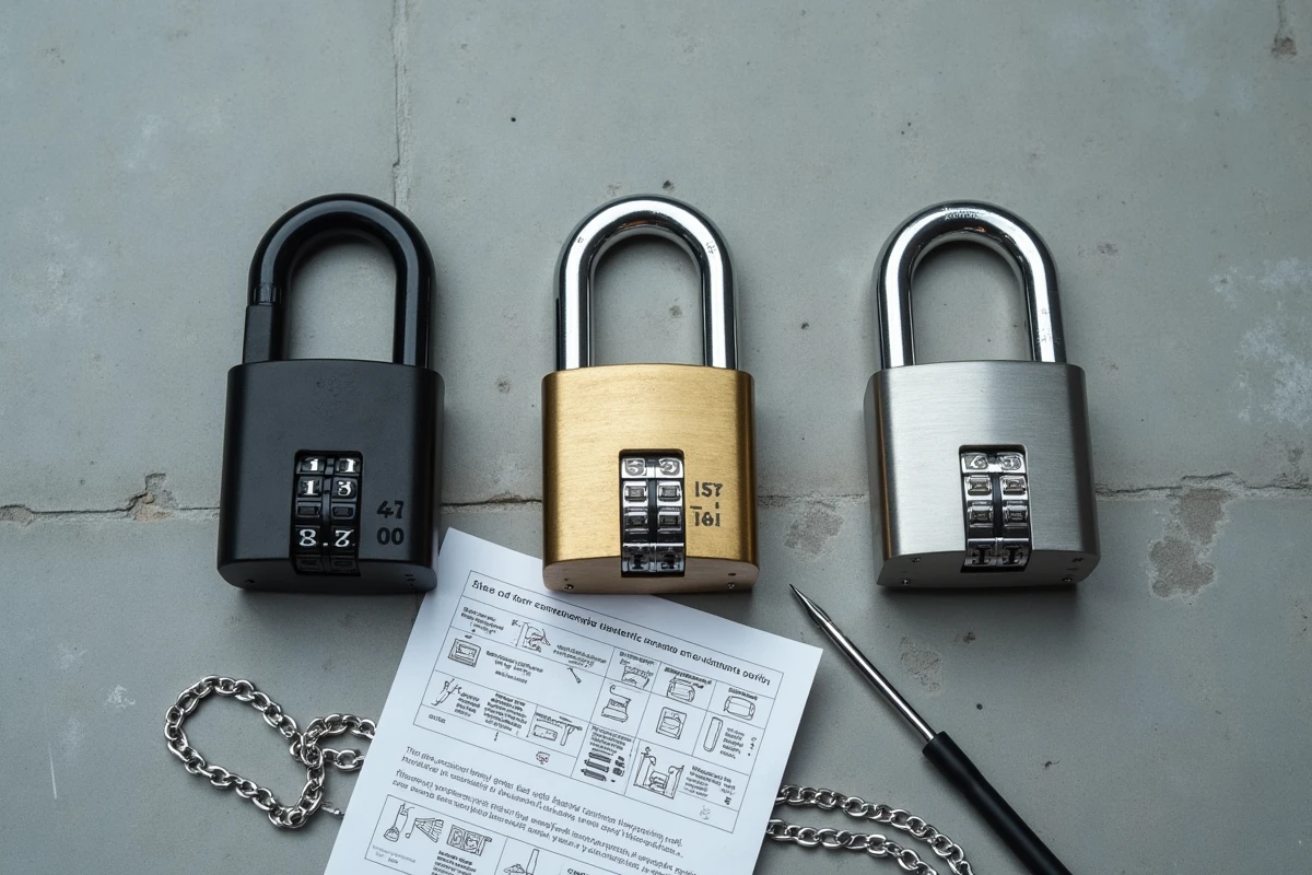Vue en flat lay de trois cadenas à combinaison 3 chiffres différents sur béton gris avec notice d'instructions