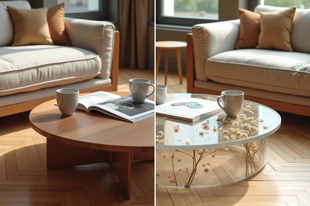 Comparaison côte à côte d'une table basse en noyer massif et d'une table en résine transparente avec fleurs séchées dans un showroom de décoration
