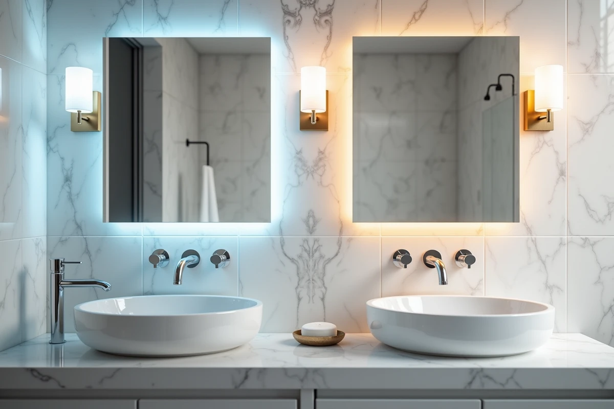 Comparaison de deux températures de couleur d'éclairage autour d'un miroir de salle de bains, lumière froide versus lumière chaude