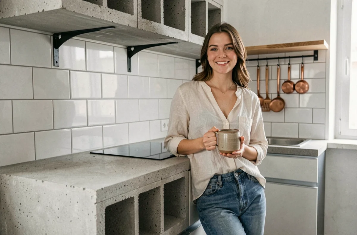 Femme dans une kitchenette de studio avec comptoir et étagères en béton cellulaire fait maison