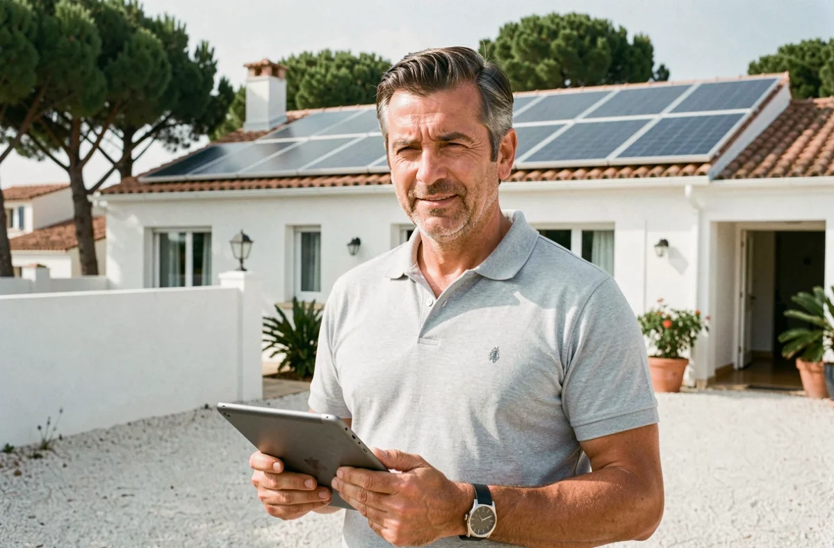 Conseiller en énergie solaire devant une maison équipée de panneaux photovoltaïques à Toulon