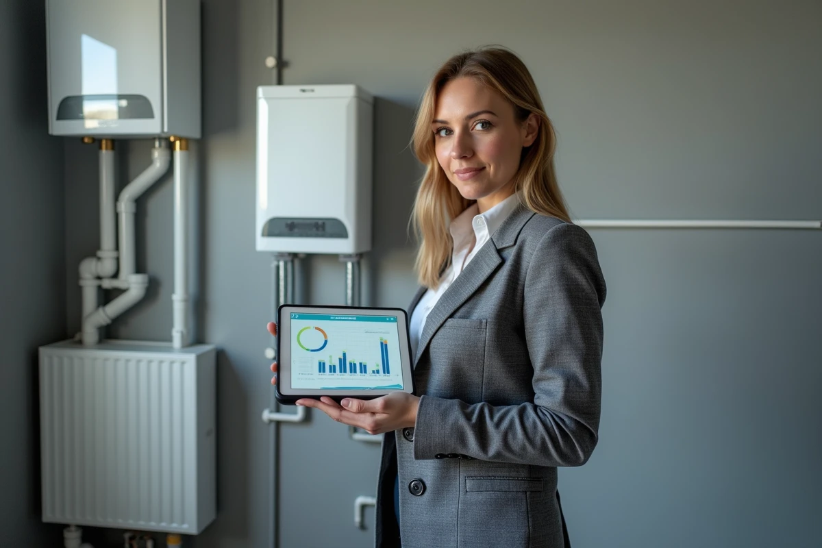 Conseillère en énergie comparant accumulateur électrique et pompe à chaleur dans une chaufferie