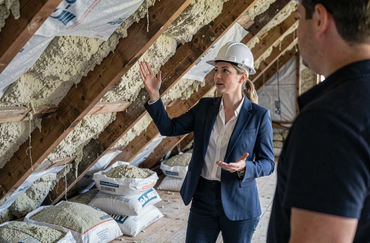 Conseillère en rénovation énergétique expliquant les travaux d'isolation des combles à un propriétaire dans un grenier en cours de rénovation