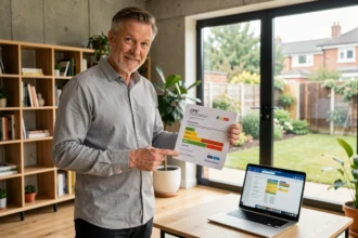 Consultant en énergie comparant un simulateur DPE en ligne avec un certificat DPE officiel imprimé dans un salon moderne à faible empreinte carbone