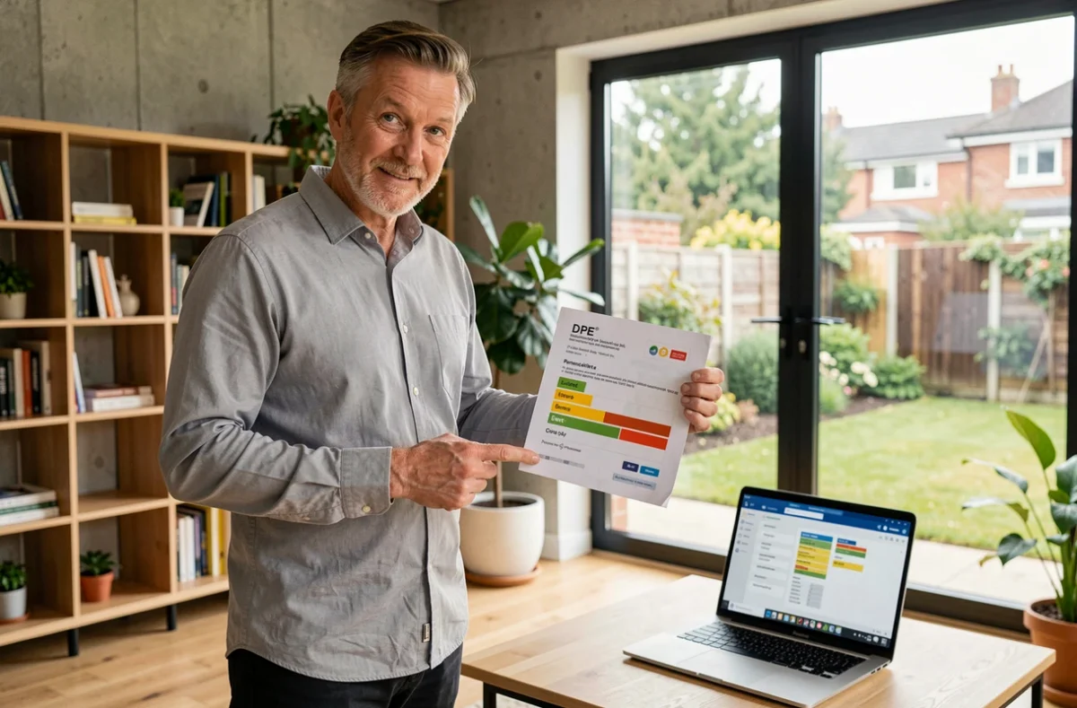 Consultant en énergie comparant un simulateur DPE en ligne avec un certificat DPE officiel imprimé dans un salon moderne à faible empreinte carbone