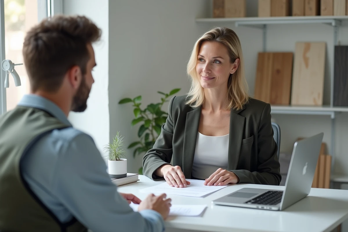 Cliente et entrepreneur examinant ensemble un devis de rénovation dans un bureau