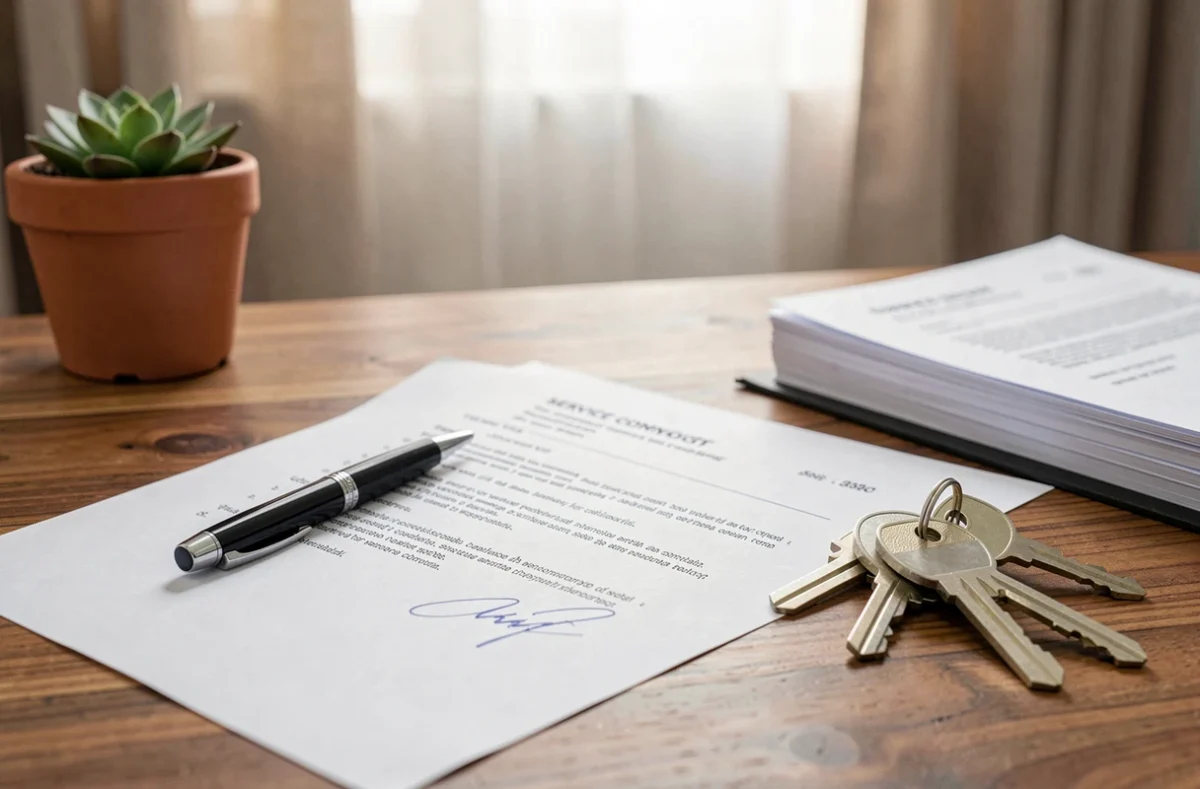 Contrat de travail signé et clés de maison sur un bureau en bois, symbolisant l'engagement d'une femme de ménage