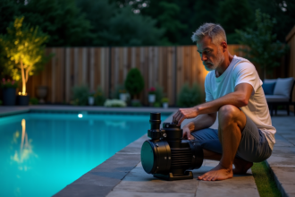 Homme vérifiant la pompe d'une piscine la nuit