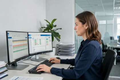 Coordinatrice de services d'aide ménagère utilisant un logiciel SAP sur ordinateur dans un bureau professionnel