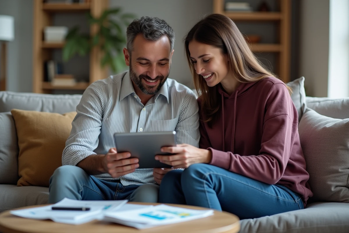 Couple utilisant une tablette pour anticiper leurs factures d'électricité avec un calculateur de consommation en euros