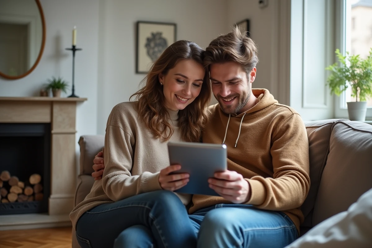 Couple consultant un site de comparaison de devis rénovation sur tablette dans un appartement bruxellois