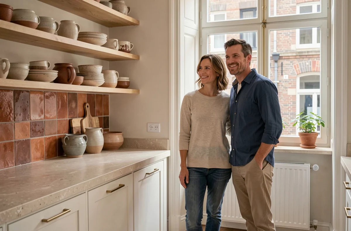 Couple découvrant leur cuisine rénovée par une agence de décoration intérieure à Lille spécialisée dans la valorisation de maison