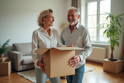 Couple français déballant dans leur nouvel appartement lumineux