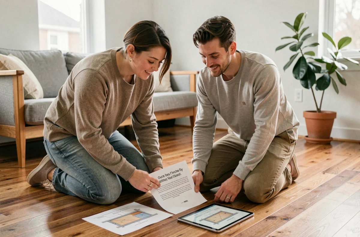 Couple examinant un devis pour l'installation d'un plancher chauffant dans leur salon rénové