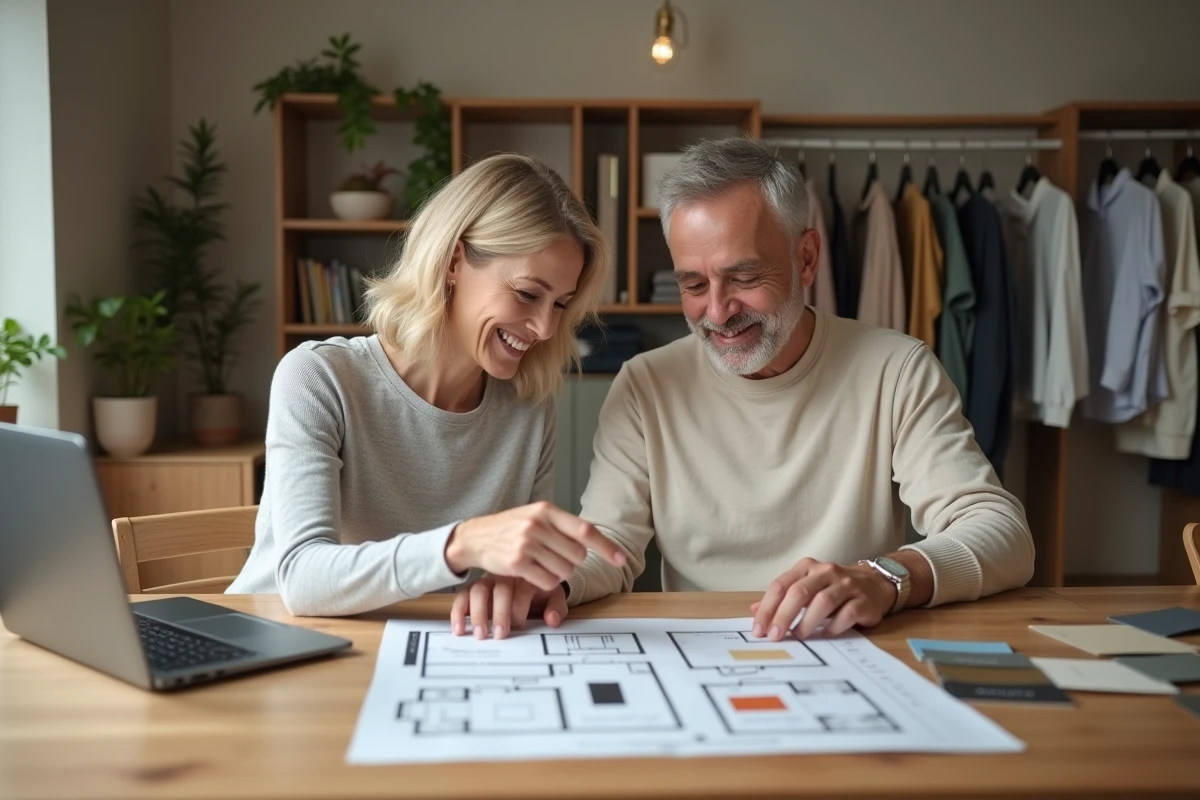 Couple discutant de plans de dressing avec un ordinateur portable