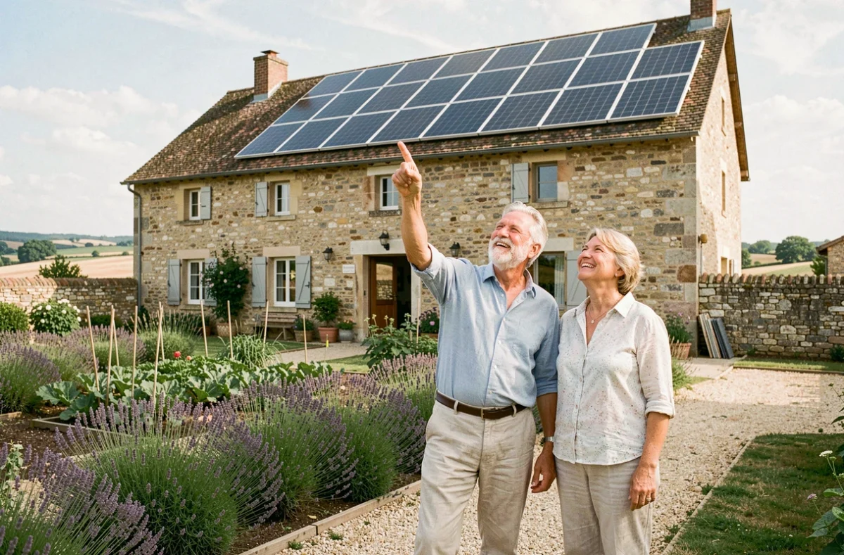 Un couple de retraités admire les panneaux solaires installés sur leur ferme en milieu rural