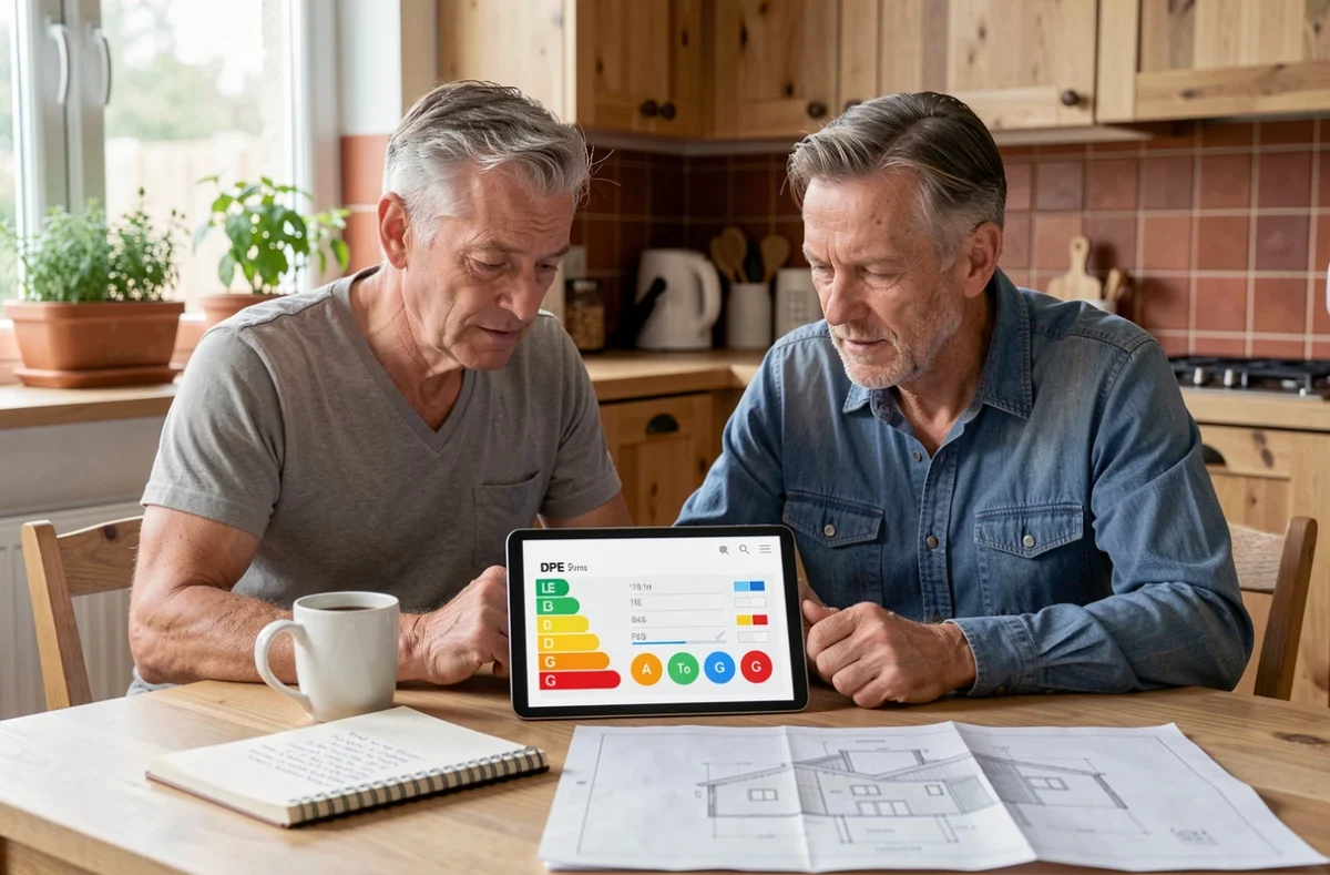 Couple de propriétaires utilisant un simulateur DPE en ligne sur tablette pour estimer l'étiquette énergétique de leur maison rénovée