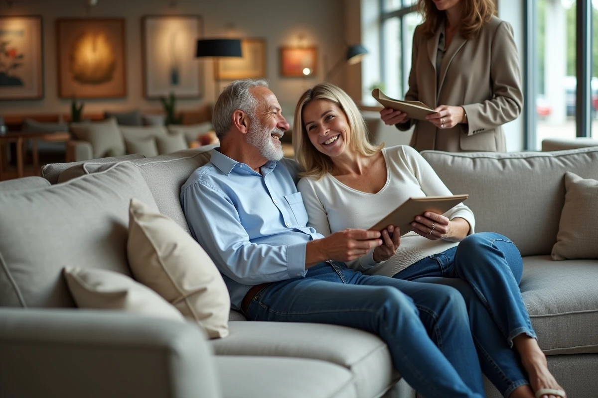 Couple en train de tester un canapé avec l'aide d'un conseiller de vente dans le showroom Poltrone e Sofa de Plan de Campagne