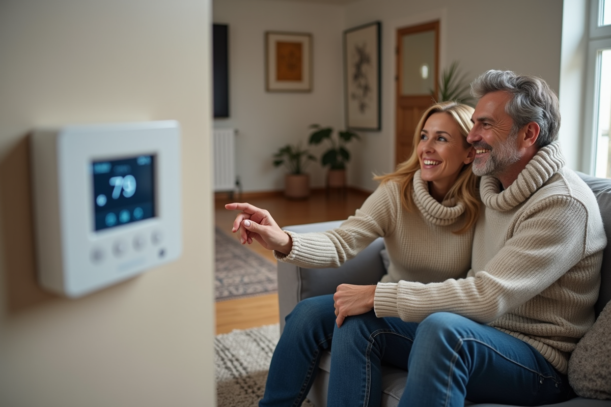Couple regardant un thermostat digital dans un salon chaleureux