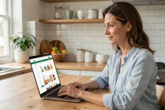 Femme faisant ses courses en ligne sur un ordinateur portable dans une cuisine moderne