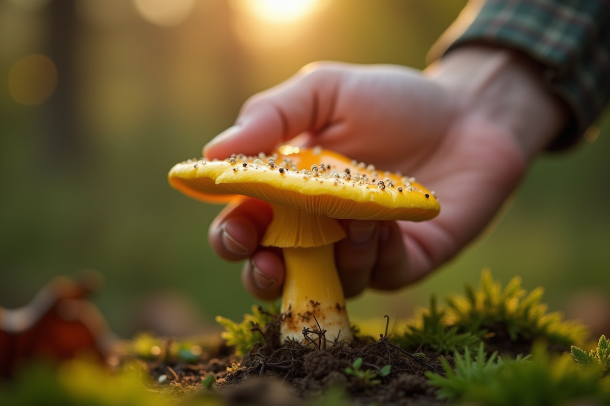 Main de jardinier cueillant une chanterelle en lumière douce