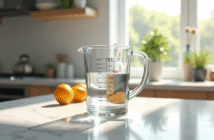 Verre doseur dans une cuisine lumineuse avec marques de mesure