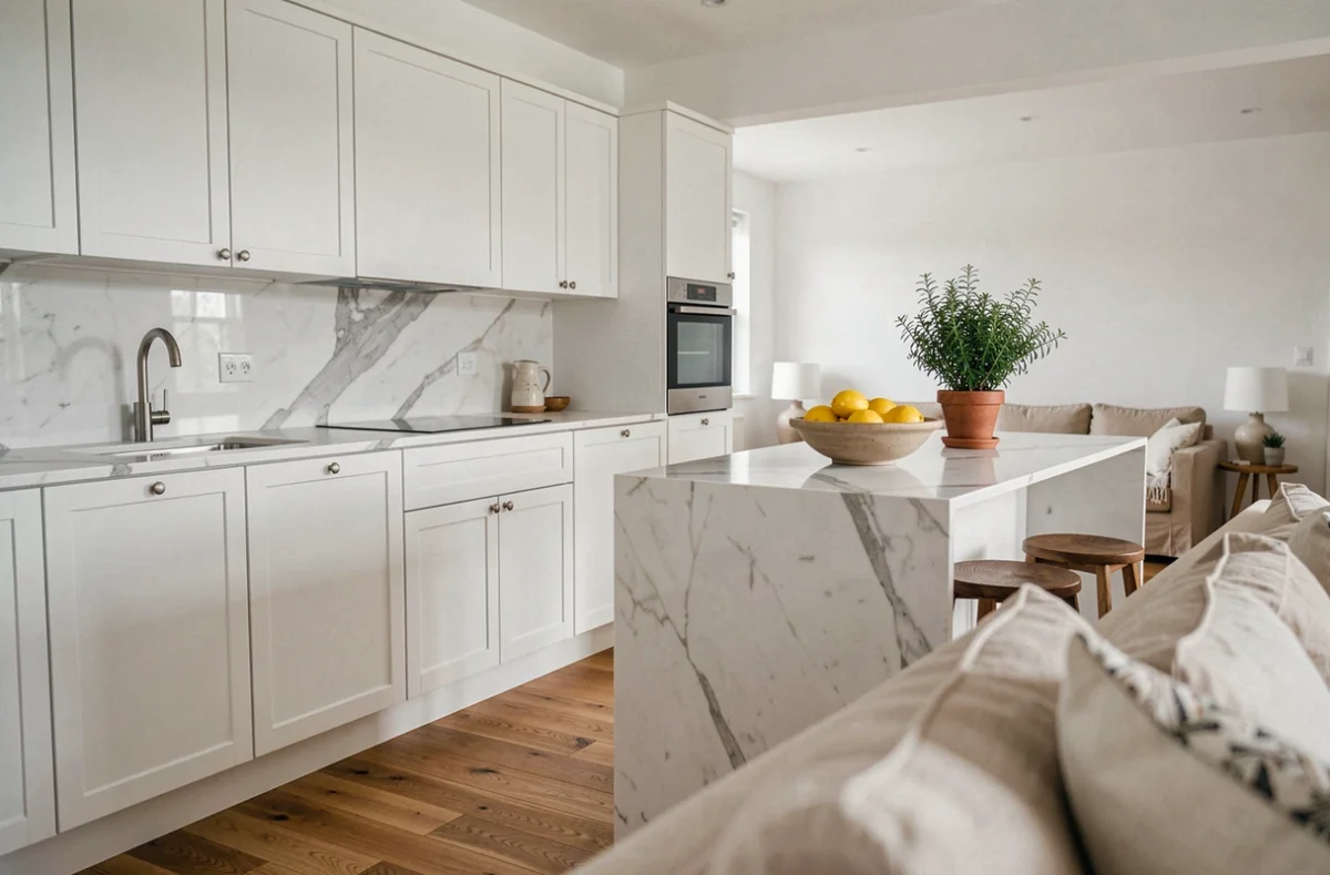Cuisine ouverte moderne avec cabinetry blanc froid contrastant avec un parquet chêne chaud et un salon attenant