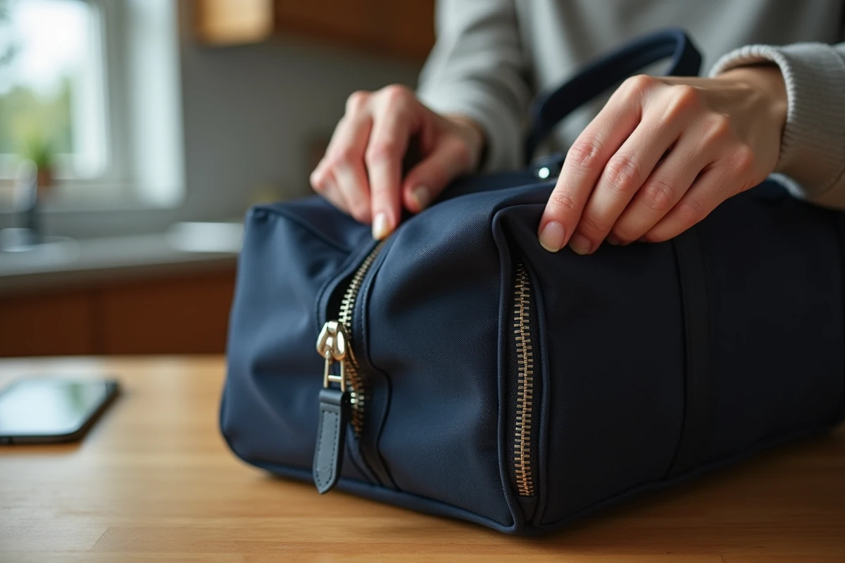 Mains de femme en train de débloquer une fermeture éclair coincée en bas d'un sac de voyage sur une table en bois