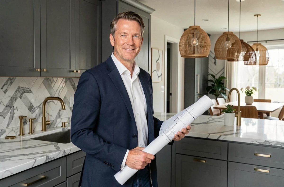 Décorateur de Decoratec présentant une cuisine design avec façades anthracite mate, comptoir en marbre Calacatta et accessoires en laiton dans les Yvelines