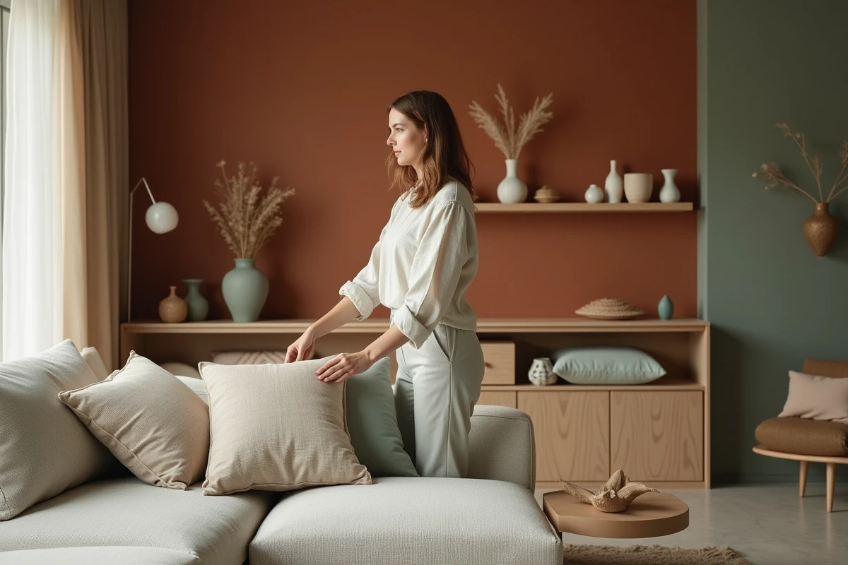Femme arrangeant des coussins dans un salon tendance 2025