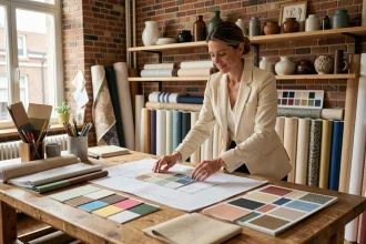 Décoratrice d'intérieur lilloise examinant des échantillons de matières dans son atelier de décoration savoirfairedeco