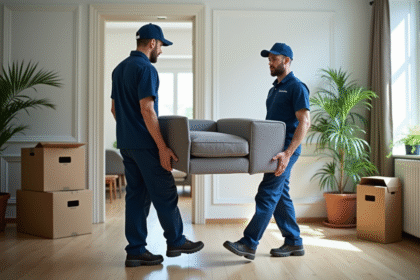 Deux déménageurs professionnels portant un canapé dans un appartement lumineux