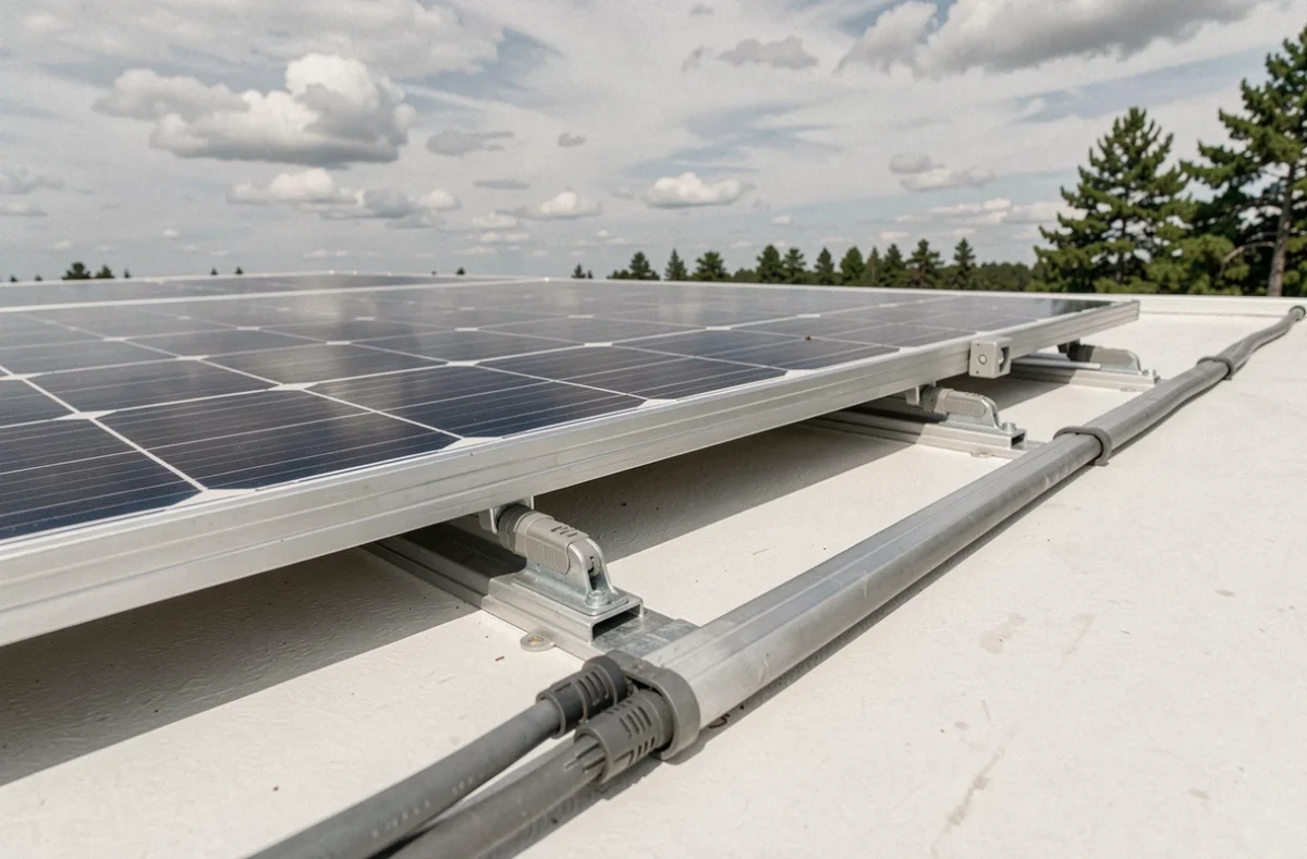 Gros plan sur les fixations et câblage d'un panneau solaire installé sur un mobil home