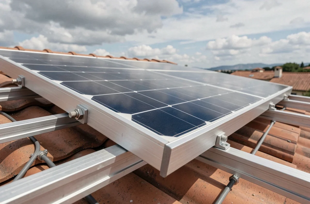 Gros plan sur des panneaux solaires monocristallins installés sur un toit à Toulon avec rails en aluminium