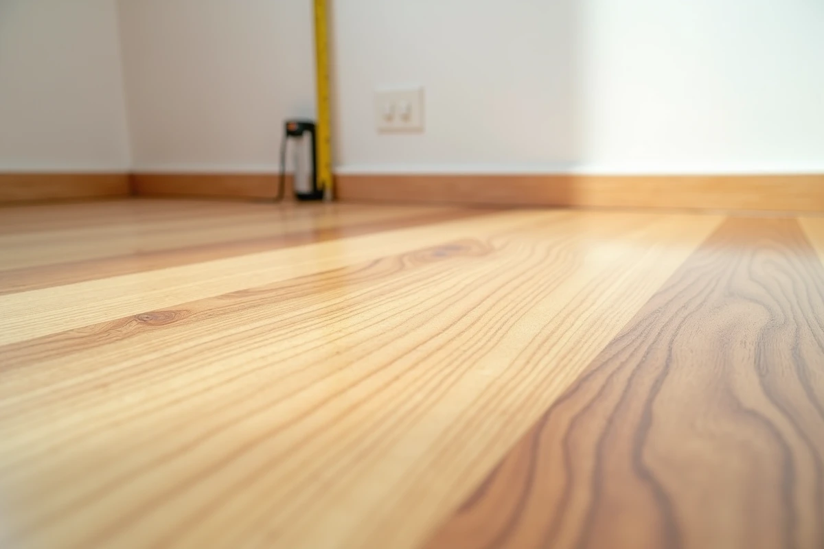 Gros plan sur un plancher en bois mi-poncé montrant la transition entre bois brut et bois lisse avec un mètre ruban pour estimer la surface