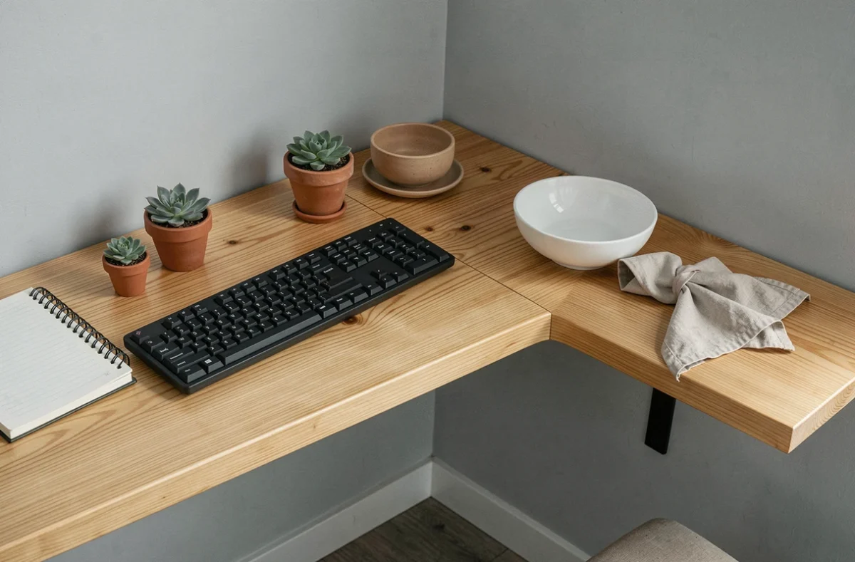 Gros plan d'une table bar murale en pin dans un studio, partagée entre espace de travail et coin repas avec vaisselle et accessoires de bureau