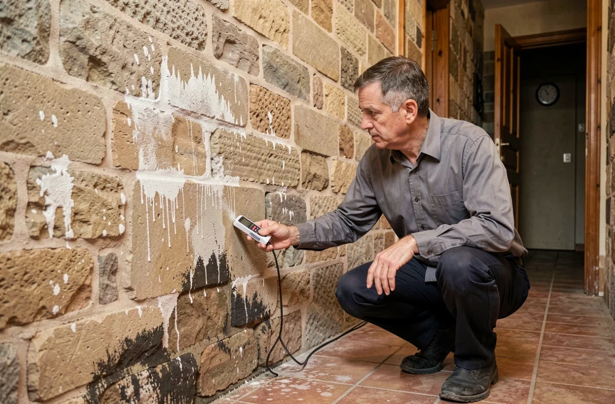 Technicien mesurant l'humidité dans un mur porteur en pierre avec un hygromètre professionnel