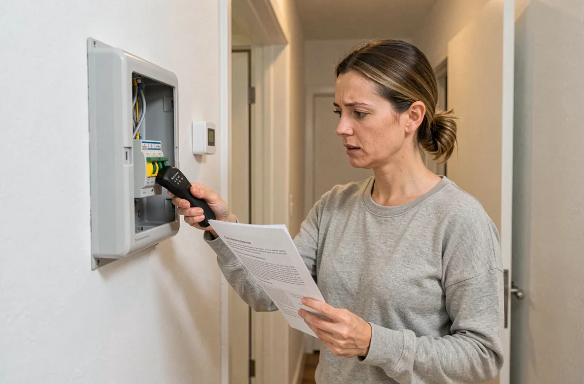 Femme diagnostiquant une panne de disjoncteur différentiel type A avec un testeur de tension dans un couloir d'appartement
