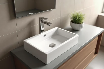 Lavabo rectangulaire encastré dans un plan vasque en quartz gris mat, hauteur de pose standard en salle de bain moderne