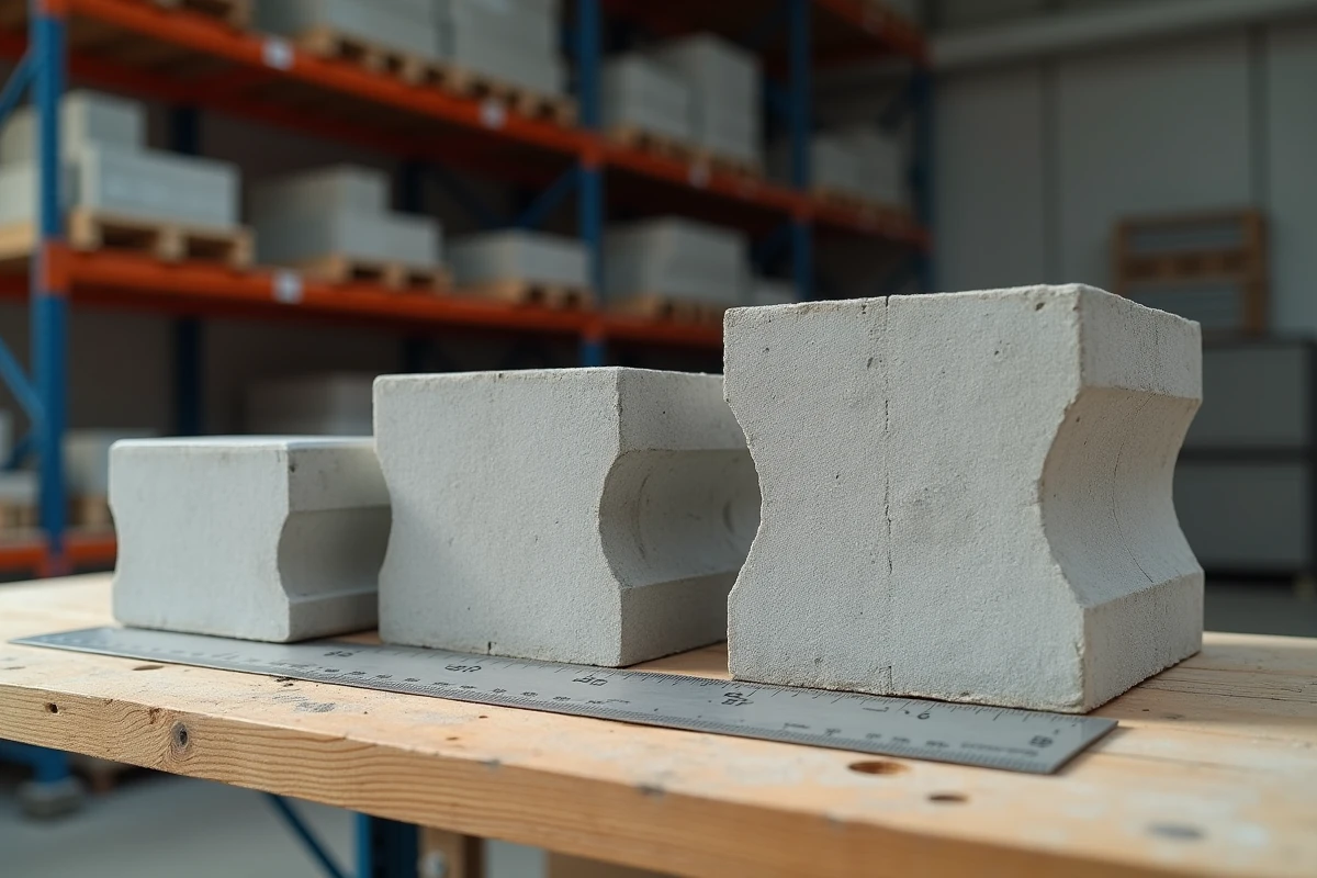 Différentes dimensions de parpaings béton côte à côte avec règle de mesure dans un entrepôt de matériaux