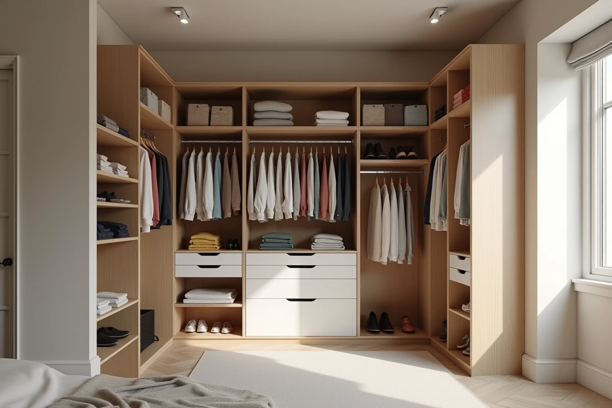 Dressing d'angle aménagé avec rangements en bois clair, penderies et tiroirs dans une chambre contemporaine