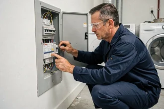 Électricien inspectant un disjoncteur différentiel type A dans un tableau électrique résidentiel ouvert