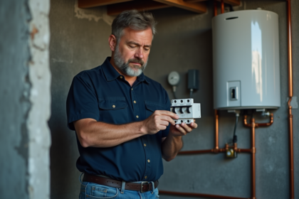 Homme d'âge moyen vérifiant un tableau électrique dans une pièce moderne