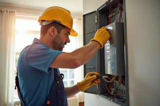 Électricien professionnel installant un panneau électrique moderne dans une maison lumineuse