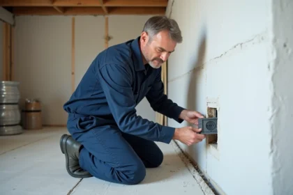 Électricien positionnant une boîte d'encastrement pour prise de courant dans un mur en cours de rénovation